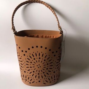 Chico’s Laser Cut Leather Bucket Bag Tan